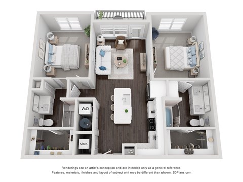 Floor plan for 2 beds, 2 baths, 993 sqft